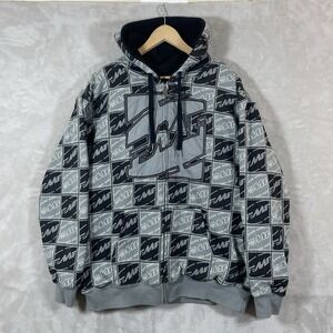 Vtg Y2K Hoodie Full Zip Sweatshirt Hoodie Men XL AOP Grunge Black Sherpa Fur FMF